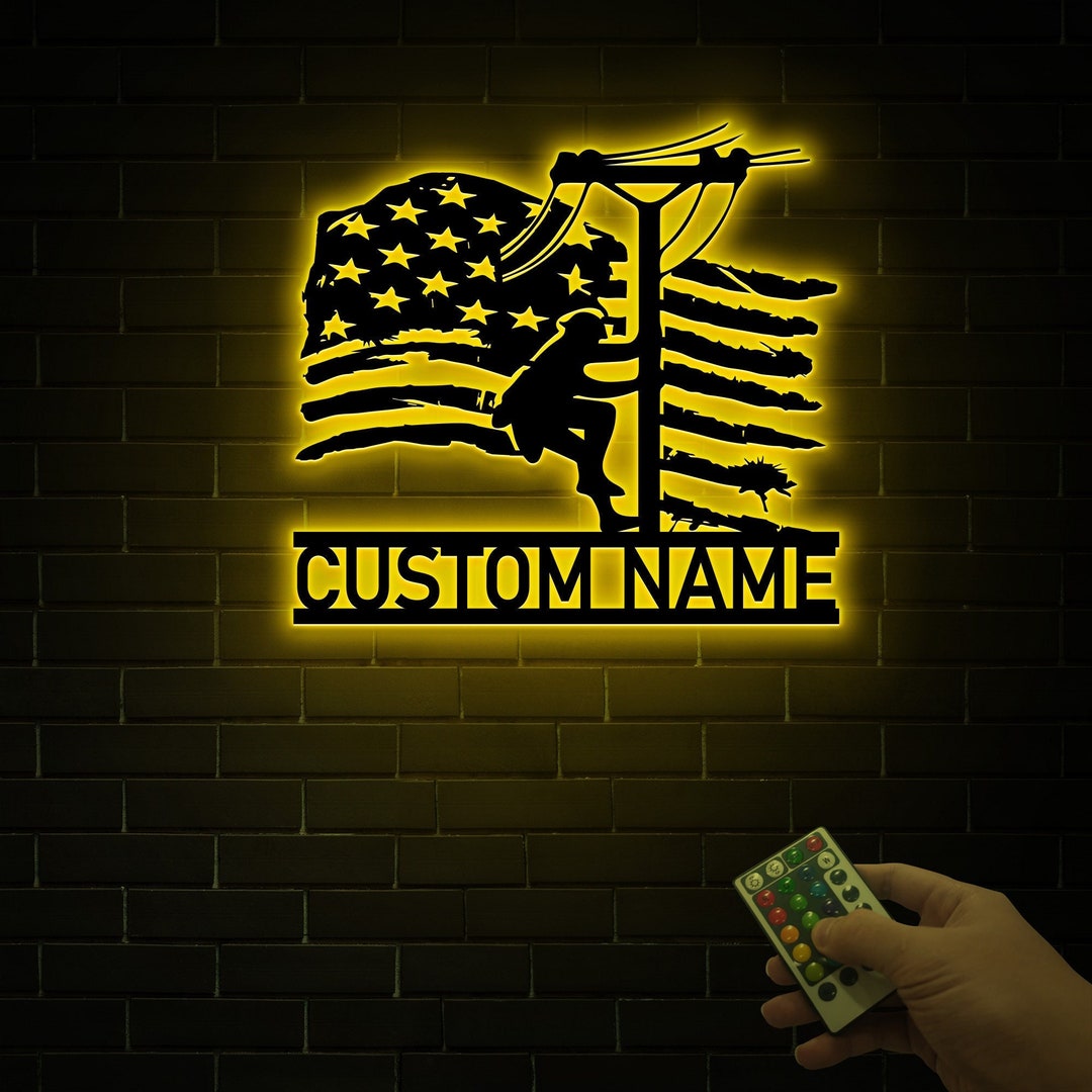 Custom Metal Lineman American Flag Sign With Led Light, Lineworker