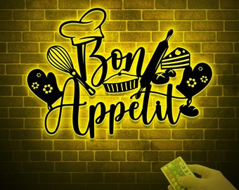 Metal Bon Appetit Sign with LED Light, Kitchen Decor