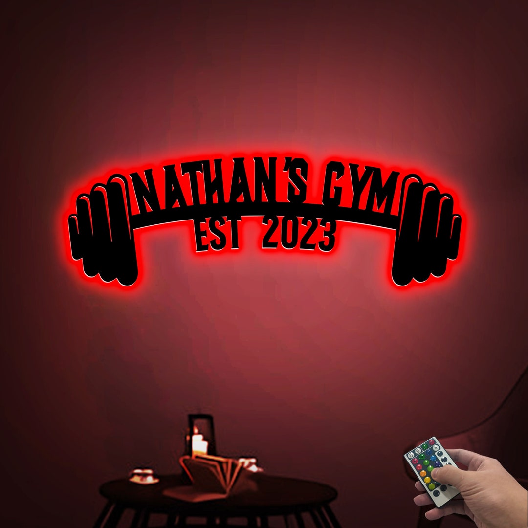 Custom Gym Metal Sign With Led Lights, Powerlifting Metal Wall Art, Personalized Home Gym Sign