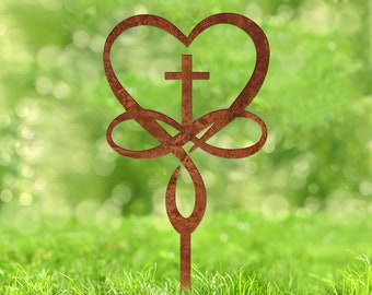 Heart Cross Infinity Yard Sign Rusty, Religious Outdoor Decorations, Metal Yard Art, Christian Gift, Vintage Garden Decor Metal Garden Stake