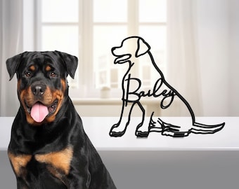 Rottweiler assis signe de table en métal, statue de sculpture minimaliste Rottweiler, fil métallique de race de chien personnalisé, cadeau d’amoureux des chiens, décor de bureau à domicile