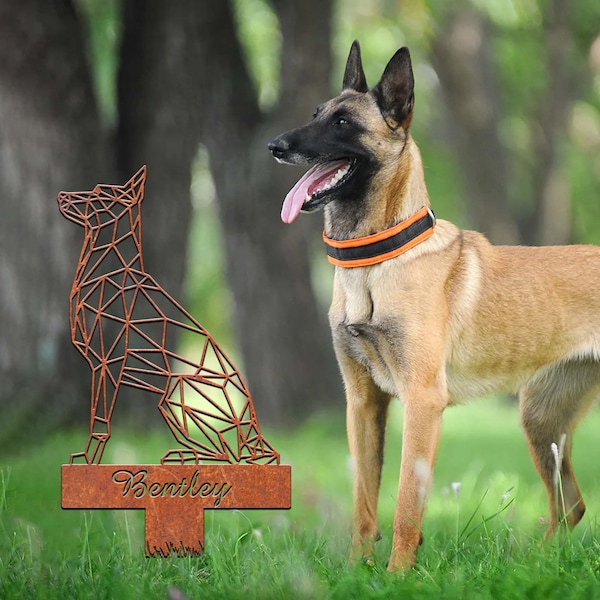 Rusty Belgian Malinois Geometric Garden Stake, Rusted Metal Yard Art, Dog Garden Sign, Vintage Outdoor Decor, Geometric Dog Gift