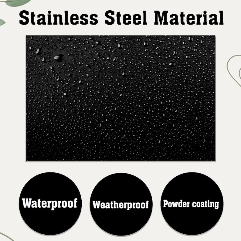May include: A black, textured surface with water droplets, labeled "Stainless Steel Material." Below, three black circles read "Waterproof," "Weatherproof," and "Powder coating."