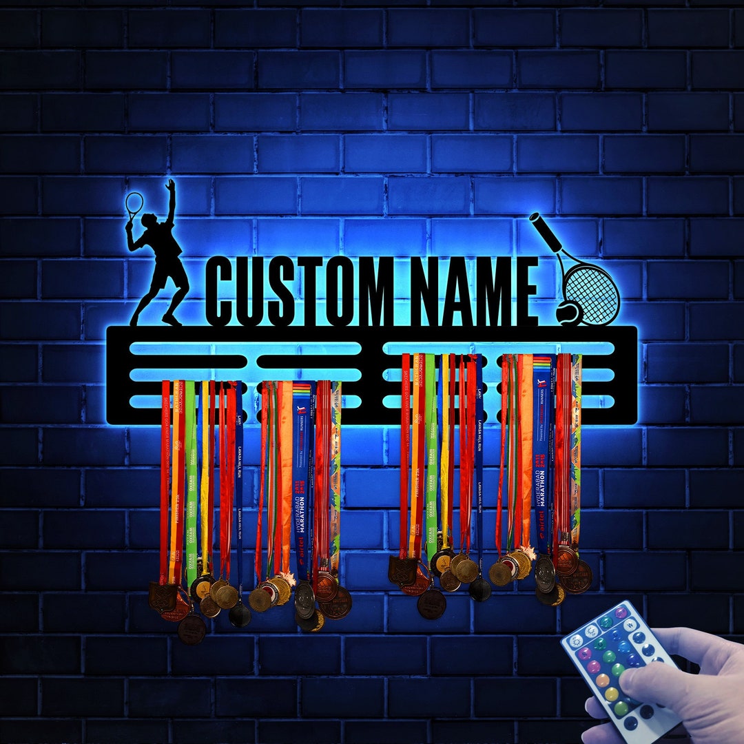 Custom Name Tennis Medal Hanger With Led Light, Medal Holder Display