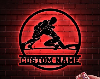Custom Wrestling Sign Metal Wall Art Led Light, Wrestler Name Sign, Wrestling Coach Gift, Xmas Birthday Gift for Dad, Sports Sign Home Decor