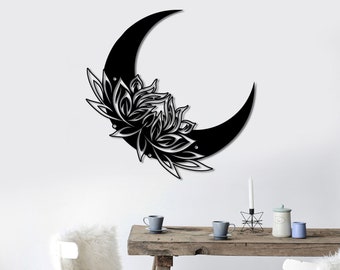 Arte de pared de metal con forma de luna y flor de loto, decoración floral para el hogar
