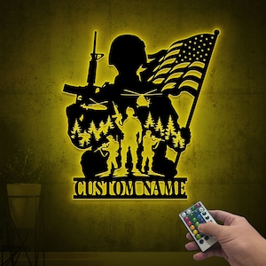 Custom Soldier Military Army Metal Wall Art Led Light, US Soldier Metal Sign Veteran Name Sign, Patriotic Gift Veteran Gift Metal Home Decor