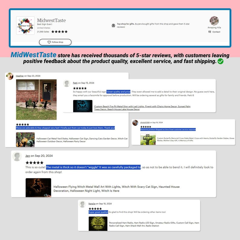 Puede incluir: Capturas de pantalla de rese&ntilde;as de clientes para una tienda llamada MidWestTaste. Las rese&ntilde;as son positivas y destacan la calidad del producto, la excelente atenci&oacute;n al cliente y el env&iacute;o r&aacute;pido. Las rese&ntilde;as incluyen im&aacute;genes de decoraciones de Halloween, un letrero de metal con luces LED y una cruz conmemorativa de mariposa personalizada.