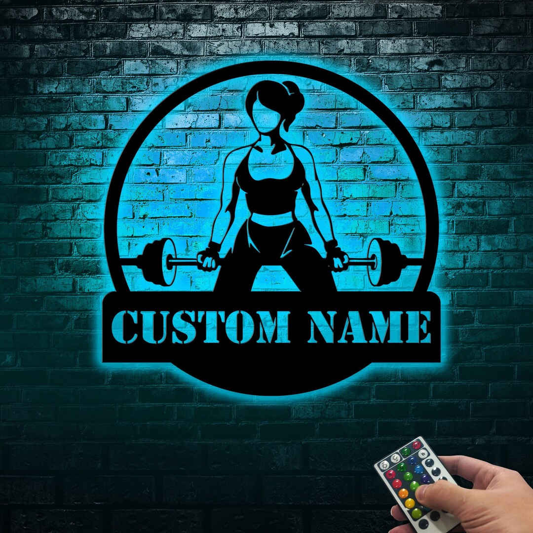 Custom Girl Powerlifting Workout Metal Sign With Led Light, Weightlifting Name Sign, Fitness