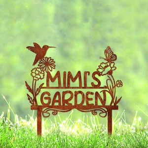Custom Rusty Metal Garden Stakes, Mimi&#39;s Garden Custom Garden Sign, Mother&#39;s Day Gift, Nana&#39;s Blessings, Hummingbird Yard Art