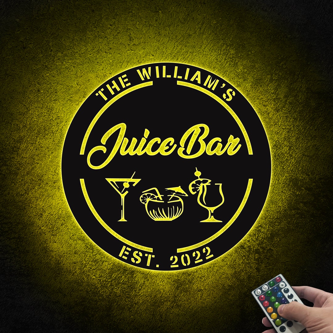 Personalized Juice Bar Metal Wall Art With Led Lights, Custom Bar Sign ...
