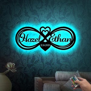 Custom Wedding Metal Wall Art with Led Light, Infinity Heart Sign, Wedding Date Sign, Engagement Gift, Newlywed Gifts, Couple Name Sign