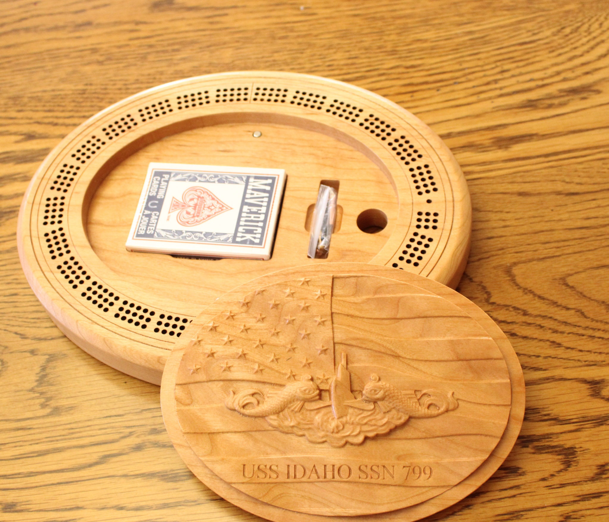 Solid Cherry Cribbage Board US Submarine Dolphin Design — Dabob Designs