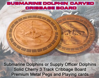 Submarine Dolphins Cribbage Board Custom Carved Cribbage Board Gift for Navy Gift for Hail and Farewell, Promotions gift, Retirement Gift