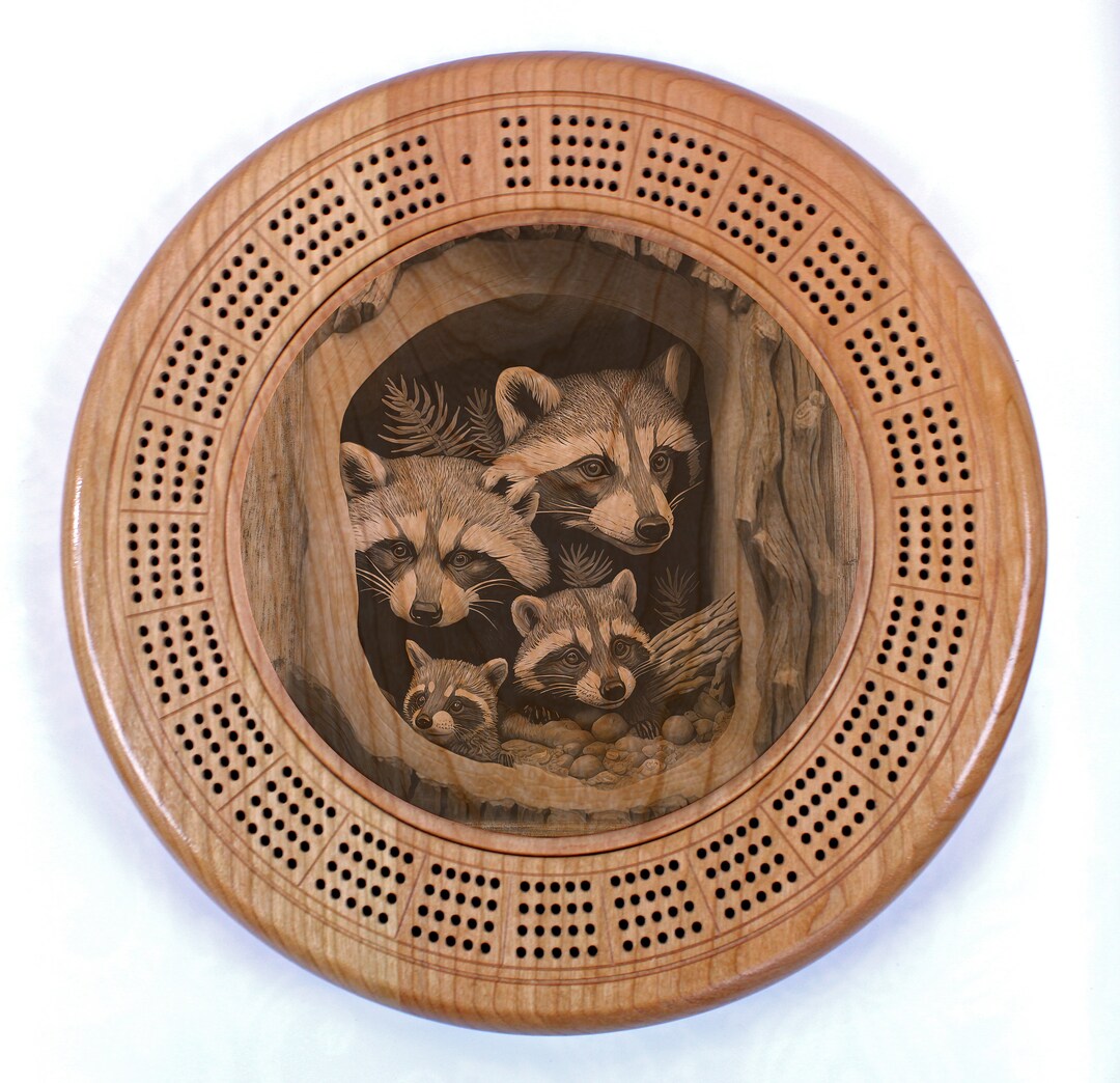 Solid Cherry Cribbage Board Racoon Family Great Birthday, Retirement