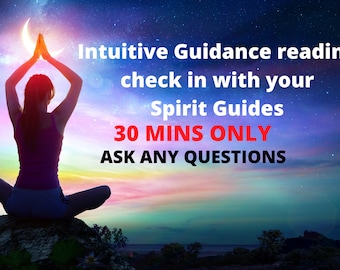 Puede incluir: Imagen de una persona meditando sobre una roca con los brazos levantados hacia una luna creciente. El fondo es un cielo nocturno colorido con el texto "Intuitive Guidance reading, check in with your Spirit Guides, 30 MINS ONLY, ASK ANY QUESTIONS."