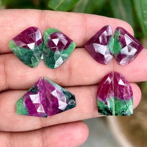 Natural Stunning Ruby Zoisite Rose Cut 4 Pairs Lot Flat Back Cabochon Pair 50.0 Carat 15 To 18 MM Ruby Ruby Rose Cut Pair Making For Jewelry