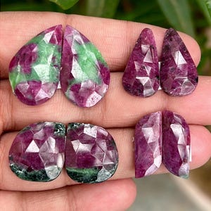 Natural Stunning Ruby Zoisite Rose Cut 4 Pairs Lot Flat Back Cabochon Pair 76.0 Carat 17 To 24 MM Ruby Ruby Rose Cut Pair Making For Jewelry