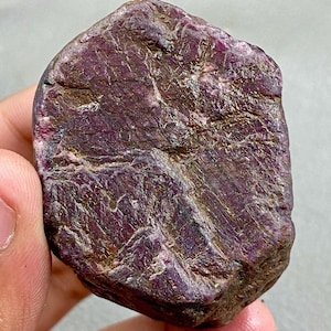 May include: A rough, uncut ruby gemstone. The stone has a deep red-purple color with a textured surface. The ruby is held in a hand, showcasing its natural, raw form. This gemstone is ideal for jewelry making or collecting.