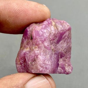 Op de afbeelding: Een ruwe, ongeslepen robijn edelsteen met een levendige roze tint. Het ruwe mineraal vertoont een getextureerd oppervlak met natuurlijke onvolkomenheden. De robijn wordt tussen twee vingers gehouden, wat de grootte en kleur tegen een neutrale achtergrond benadrukt.