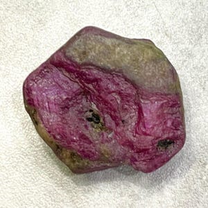 May include: A rough, uncut ruby gemstone with a deep red hue, exhibiting natural textures and variations. The stone has a partially polished appearance, with areas of lighter color and some dark inclusions.