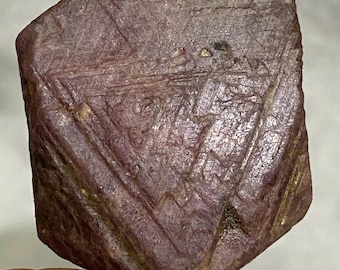 Puede incluir: Una gema de rubí en bruto, sin cortar, de un color rojo púrpura intenso. La superficie de la piedra presenta líneas y patrones naturales, lo que le da un aspecto texturizado único. El rubí se sostiene entre los dedos.
