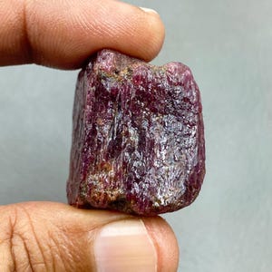 Pode incluir: Uma gema de rubi bruta e não cortada, segurada entre os dedos. O rubi é de uma cor vermelha profunda e rica, com uma superfície áspera e texturizada. É um espécime mineral natural.