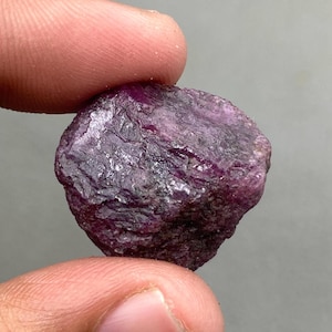 Puede incluir: Una gema de rubí en bruto y sin cortar, sostenida entre los dedos. El rubí tiene un color rojo púrpura intenso con una superficie texturizada. La gema tiene forma irregular, mostrando su forma natural y en bruto. El fondo es gris neutro.