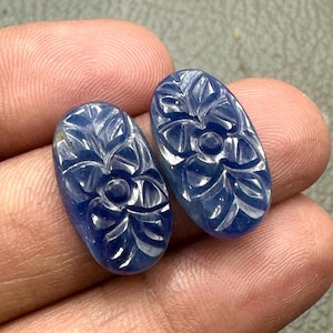 May include: Two oval-shaped, dark blue gemstones with carved floral designs. Each gem features a central flower with surrounding leaf patterns. The gems are held in a hand, showcasing their polished surfaces and intricate details.