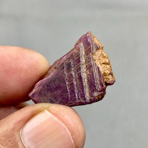 May include: A raw ruby gemstone, displaying a rich red-purple colour. The stone features visible striations and a golden-brown edge. The ruby is held between fingers against a neutral backdrop, highlighting its natural texture and colour.