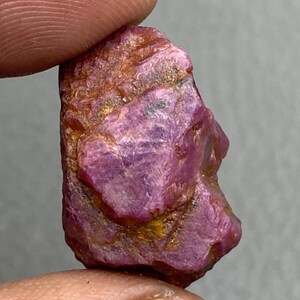May include: A rough, uncut ruby gemstone. The ruby is held between fingers and displays a deep pinkish-red hue with areas of brown and gold. The surface has a natural, uneven texture, showcasing its raw form.