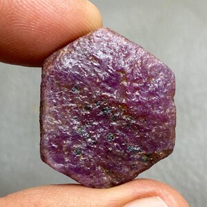 May include: A rough, uncut ruby gemstone. The ruby is a deep, saturated red-purple color with a textured surface. Small black inclusions are visible throughout the stone. The gemstone is held between two fingers.