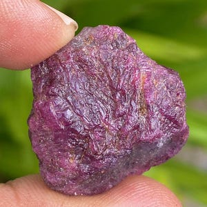 Può includere: Un cristallo di rubino rosa grezzo con una tonalità rosso intenso. Il cristallo ha una superficie naturale non levigata ed è un bellissimo esempio di questa gemma.