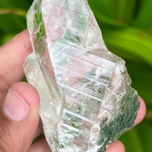 May include: A clear quartz crystal cluster with green inclusions. The crystal is faceted and has a pointed tip. The crystal is approximately 7.5 cm tall.