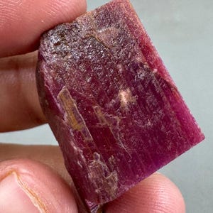 Peut inclure: Une pierre précieuse de rubis brute et non taillée, d'un rouge profond. La surface est rugueuse et texturée, avec des structures cristallines visibles et des imperfections naturelles. Le rubis est tenu dans une main, mettant en valeur sa forme et sa couleur naturelles.