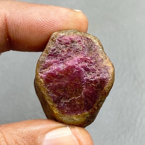 Op de afbeelding: Een ruwe robijn edelsteen met een dieprode binnenkant en een bruine buitenkant. De edelsteen heeft een textuur en onregelmatige vorm, die natuurlijke kenmerken laat zien. De robijn wordt tussen de vingers gehouden.