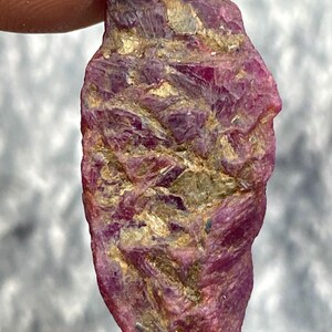 May include: A raw ruby gemstone, displaying a rich red colour with golden flecks. The uncut stone is held between fingers, highlighting its natural, textured surface and irregular form. A unique mineral specimen for collectors.