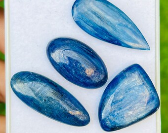 Natural Blue Kyanite Cabochons: Flat Back Gemstone Lot (4 Pieces)