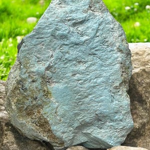 Puede incluir: Una roca grande, de forma irregular, con una superficie texturizada. La roca tiene un prominente tono azul-verdoso con áreas marrones y grises. El fondo presenta hierba verde y otras rocas, lo que sugiere un entorno natural.