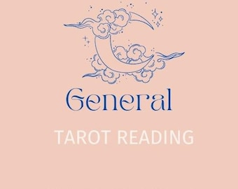 May include: A blue crescent moon with clouds and stars, surrounded by the text "General Tarot Reading" and the social media handle "@thehealinghologram".