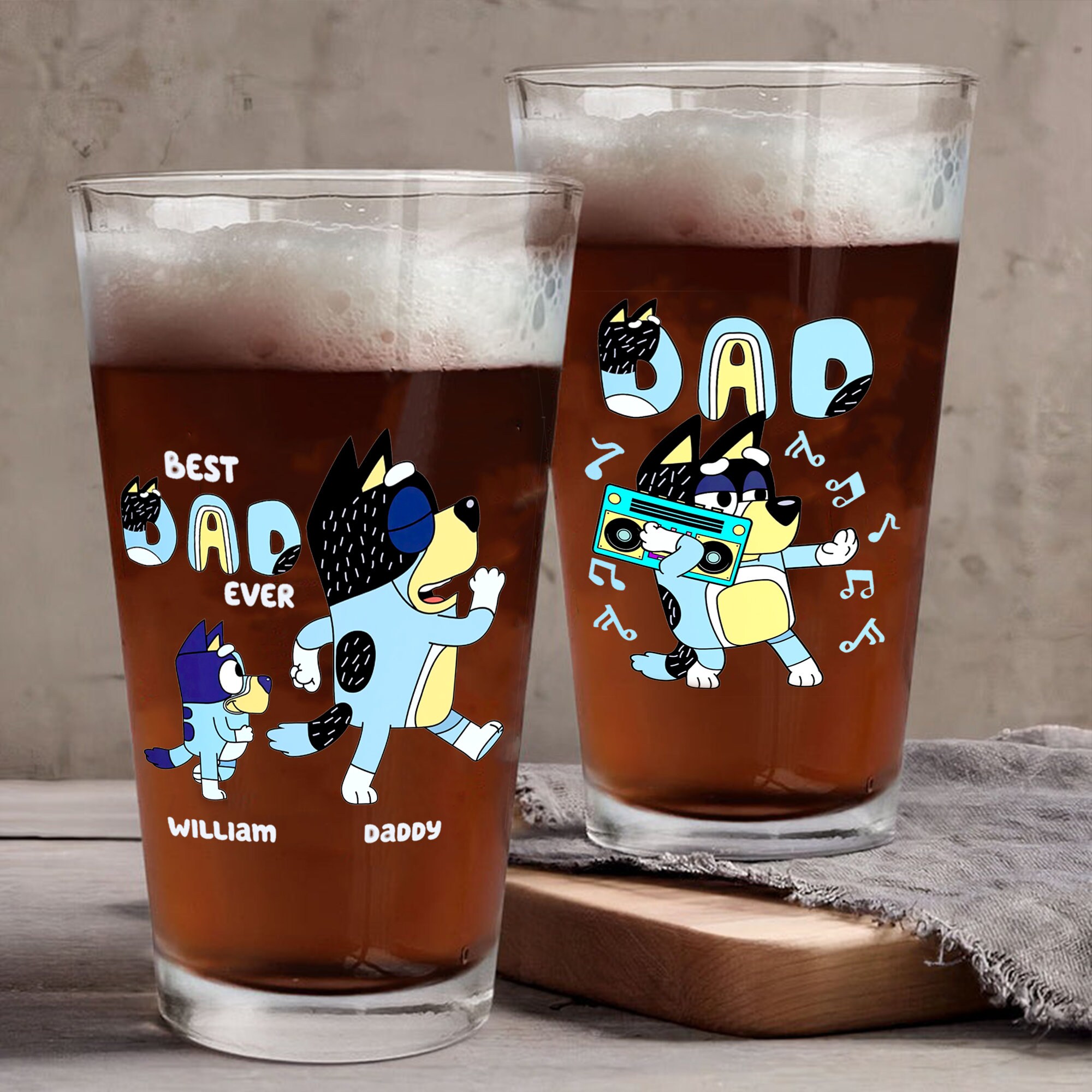 Custom Bluey Beer Glass, Bluey Dad Beer Glass, Father Beer Glasses