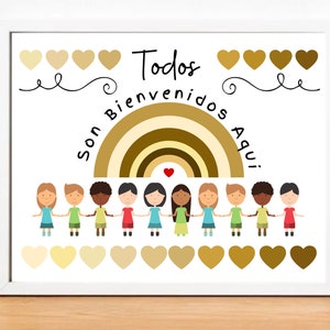 Todos son bienvenidos aqui, Everyone Is Welcome Here,Diversity Printable,Spanish Classroom Posters,Spanish Digital Download,Landscape 8x10