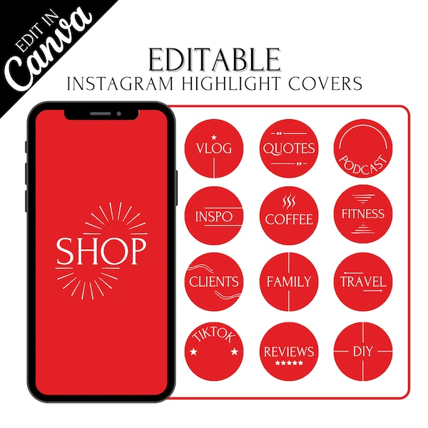 Instagram Highlight Covers Red, IG Highlight Covers for Instagram Minimalist, Editable Instagram Templates, Red Instagram Icons, Text Icons