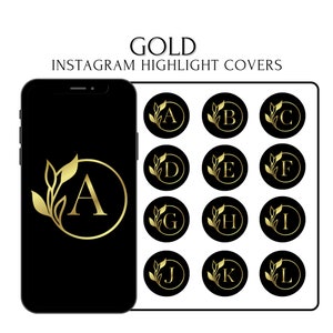 Portadas destacadas de Instagram, iconos de Instagram negro y dorado, letras IG Portadas destacadas para Instagram, letras florales doradas