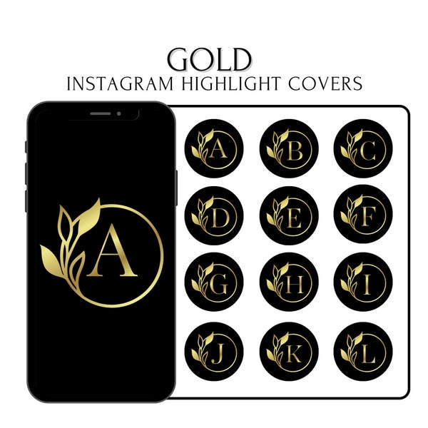 Instagram Highlight Cover, Black and Gold Alphabet Instagram Icons, Buchstaben IG Highlight Cover für Instagram, Gold Floral Letters