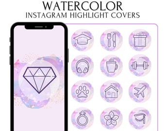 May include: A smartphone shows watercolour Instagram highlight covers. The covers feature icons such as a graduation cap, headphones, and a diamond, set against a lavender and gold background. Text at the top reads "WATERCOLOR INSTAGRAM HIGHLIGHT COVERS."