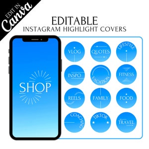 Portadas destacadas de Instagram azules, portadas destacadas de IG, portadas destacadas minimalistas para Instagram, iconos de texto, aspectos destacados de Instagram editables