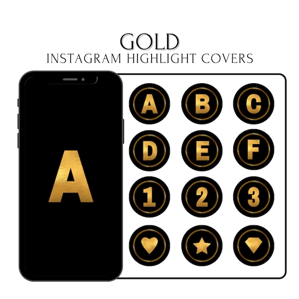 Instagram Letters Highlight Covers, Black and Gold Alphabet PNG, Gold Instagram Icons, Letters and Numbers Highlight Covers for Instagram