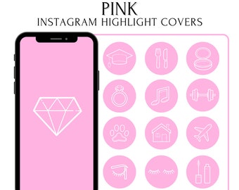 May include: Pink Instagram highlight covers with white outline icons. Icons include a graduation cap, a fork and knife, a makeup compact, a ring, a music note, a dumbbell, a paw print, a house, an airplane, an eyelash, and a mascara wand.