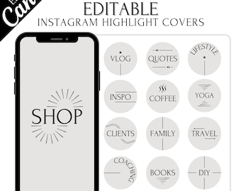 May include: A set of 12 Instagram highlight covers with a grey background and black text. The covers feature various categories, including "Shop", "Vlog", "Quotes", "Inspo", "Coffee", "Yoga", "Clients", "Family", "Travel", "Coaching", "Books", and "DIY".